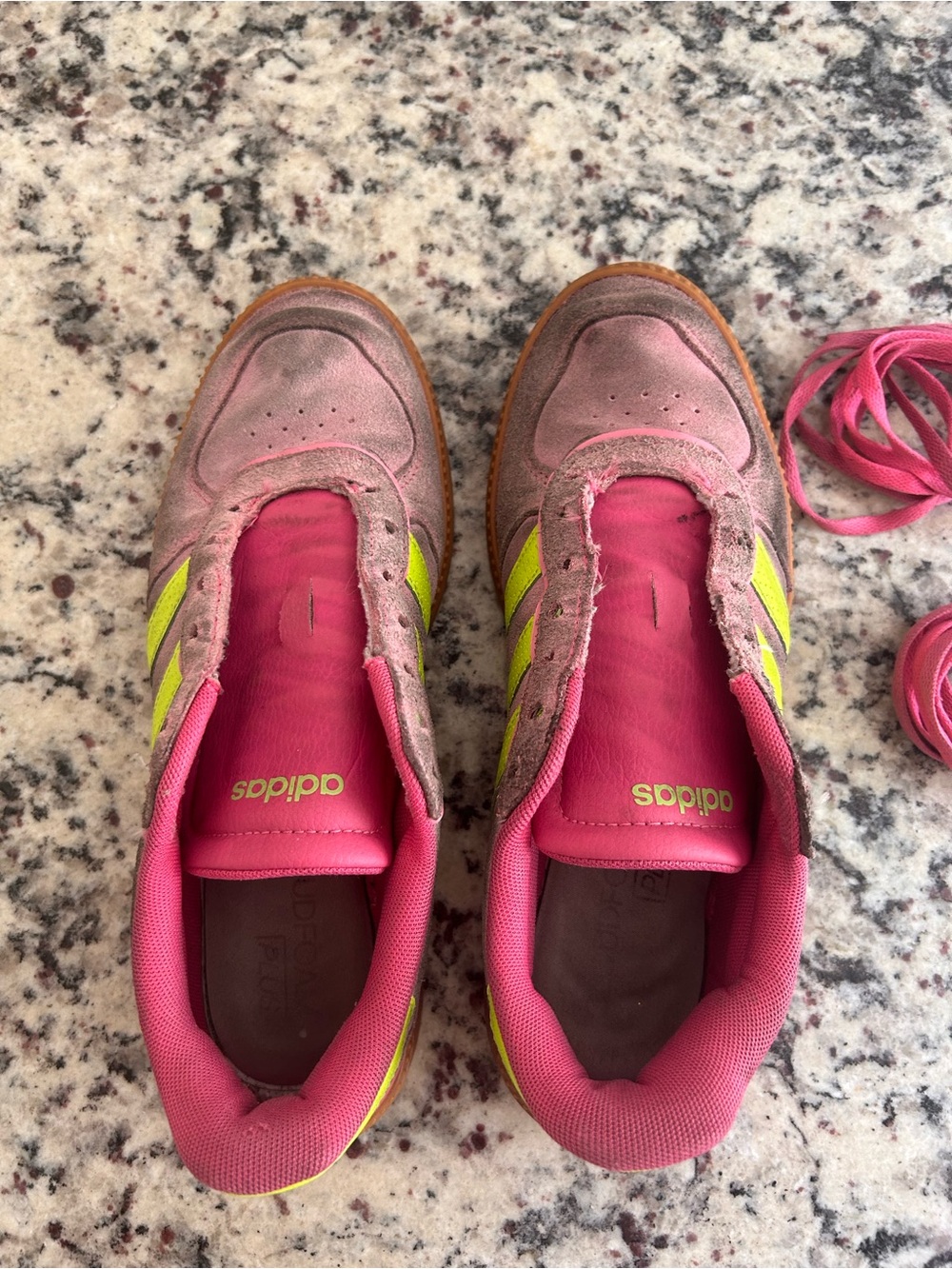 Adidas Pink Sneakers with Neon Yellow Stripes